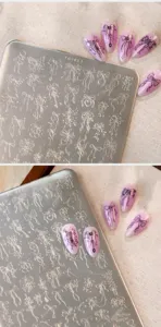 Close-up detail of TG-057 nail stamping plate with intricate bow and heart designs
