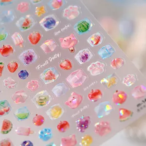 3D Sommer Frucht Gelee Nagelaufkleber mit holografischen Eiswürfeln und Früchten