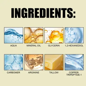 Elenco dettagliato degli ingredienti dell'olio viso con acqua, olio minerale e peptidi.