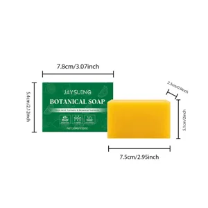 Vue rapprochée détaillée montrant les dimensions et le savon naturel au curcuma et kojic.