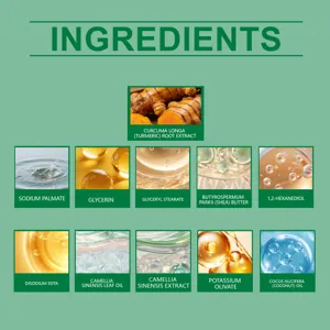 Infographie détaillée des ingrédients du savon visage avec des extraits naturels et huiles.