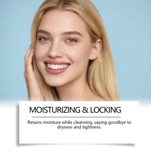 Gros plan de nettoyage du visage montrant une peau hydratee et lisse avec un effet frais.