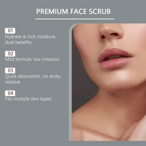 Facial scrub detail showing smooth skin texture and key moisturizing benefits clearly.