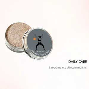 Detailed shot of facial scrub in an open metallic tin showing fine texture and clean container.