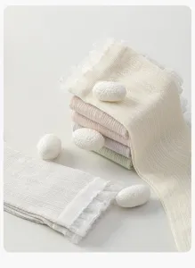 Women thin mulberry silk mesh socks with delicate lace trim, breathable summer crew socks.