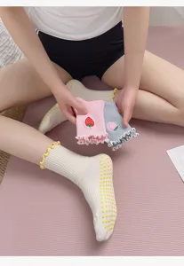 Non-slip yoga socks with silicone grips and cute fruit embroidery for women pilates fitness.