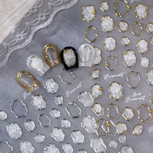 Retro-französische Metallrahmen-Spitzen-Nagelaufkleber in Gold und Silber für Nailart-Designs