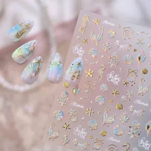 3D Ozean Thema Nagelaufkleber Muschel Seestern Seepferdchen Bedruckt Nagelkunst Aufkleber Goldprägung Holografisch Laser Maniküre Dekor für Damen