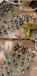 Macro detail of Halloween ghost nail art stickers with vintage gold frame designs M1548