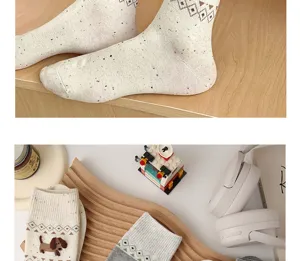 Retro ethnic style cotton crew socks featuring cute 3D cartoon dog pattern and cozy fit.