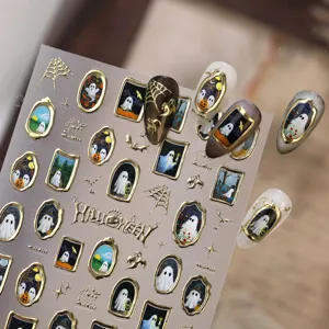 Vintage ghost frame Halloween nail art stickers with 3D gold relief textures and bat designs