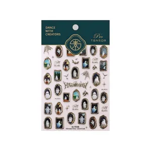 Vintage ghost frame Halloween nail art stickers with gold foil accents by TENSOR