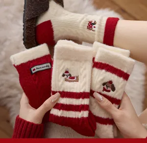 Cozy fleece lined red winter socks for women with cute puppy embroidery warm fuzzy socks