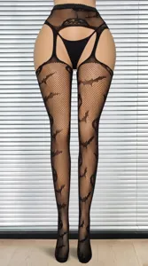 Halloween gothic bat fishnet tights with attached garter belt sexy lingerie for women black
