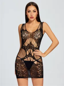 Zwarte opengewerkte kanten sexy lingeriejurk voor dames, transparante erotische set.