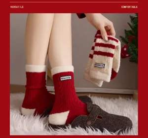 Thickened fleece warm red socks for women, cozy winter thermal hosiery, home wear.