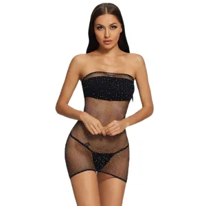 Robe résine strass noire lingerie transparente body-bas pour femmes séduisante et chic.