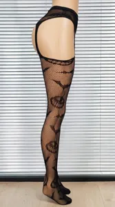 Details of Halloween bat pumpkin fishnet stockings with garter belt, sexy dark style tights.