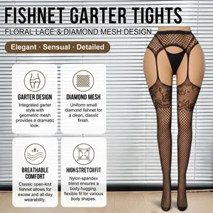 Plus size fishnet garter tights with floral lace and diamond mesh for women sexy lingerie.