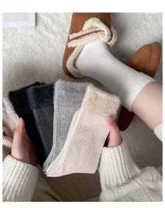 Plush cuff knit socks for women, cozy winter thermal solid color mid tube cotton socks.