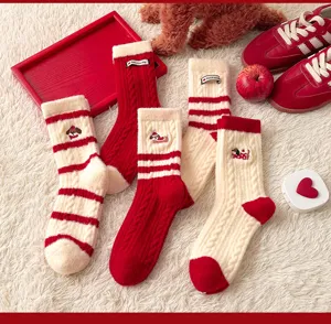 Thick fleece red winter socks for women, cute puppy embroidery, warm home long stockings.
