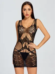 Zwarte mesh bandjes sexy lingeriejurk voor vrouwen, erotische doorschijnende plus size nachtkleding.