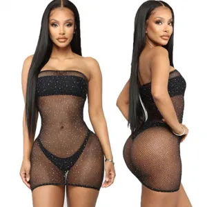 Sexy body résille noir avec strass lingerie transparente une pièce pour les femmes