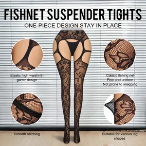 Black fishnet suspender tights, one-piece lace design, sexy plus size lingerie for women.