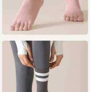 Detailed view of women's five-toe socks and striped athletic mid-calf socks for yoga and sports.