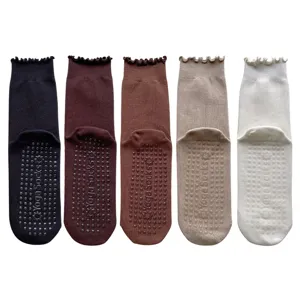 Women's mid-tube yoga socks with anti-slip grip soles and cute ruffled cuffs, 5-pack multi-color.