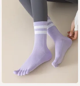 Comfortable cotton mid-calf five finger toe socks with purple design for daily wear and sports.