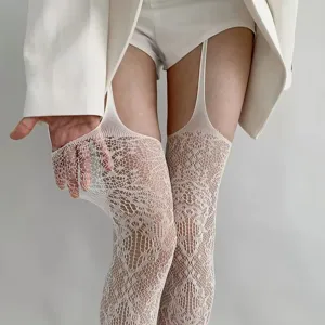 White lace fishnet suspender pantyhose sexy lingerie tights for women detail shot