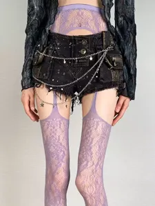 Retro purple lace jacquard pantyhose and distressed denim shorts set for women y2k style.