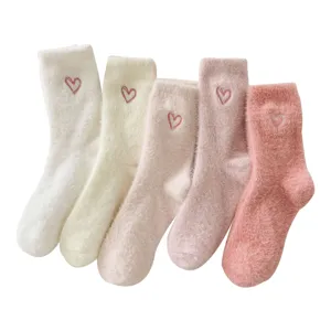 Women Winter Thickened Warm Sleep Socks Soft Plush Fleece Thermal Floor Socks Cute Heart Embroidered Mid Tube