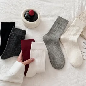 Women solid color ribbed cotton mid-tube socks casual daily wear autumn winter cozy warm