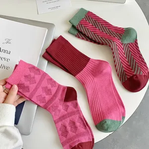 Chaussettes Mi-Mollet Épaisses Chaudes d'Hiver Rétro pour Femmes Motif Losanges Bloc de Couleur