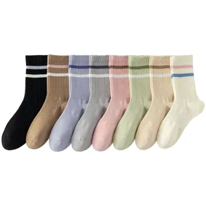 Women Crew Socks Pure Cotton Striped Mid Calf Athletic Breathable Sweat Absorbing Soft Casual Daily Socks