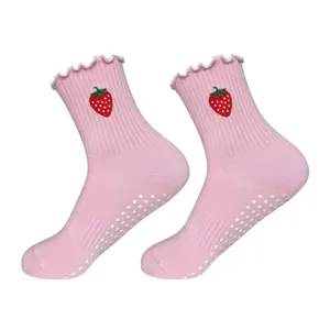 Pink cute strawberry embroidered non-slip yoga socks with ruffled cuffs for women fitness sport