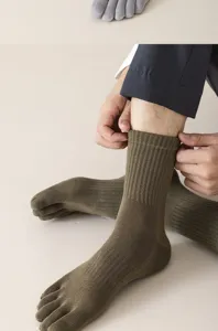 Close-up detail of men's olive green five toe socks showing breathable ribbed cuff design.