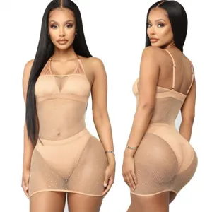 Mini robe en résille sexy transparente avec strass pour femme lingerie clubwear mode