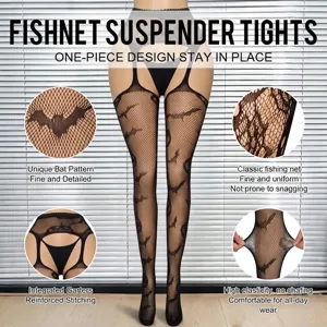Gothic Halloween bat fishnet suspender tights, one-piece open crotch pantyhose for women.