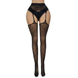Plus size black spiderweb lace garter tights pantyhose gothic hosiery for women sexy