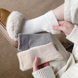 Women's Fall Winter Thick Solid Color Cotton Mid Calf Socks Plush Cuff Casual Warm Thermal Long Stockings