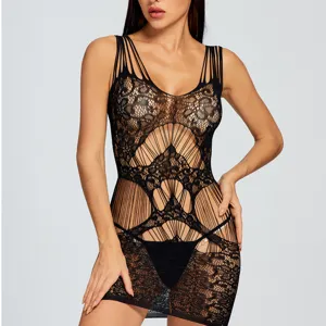 Sexy zwarte kanten holle lingerie voor vrouwen rugzak transparante nachthemd nachtkleding
