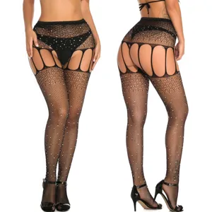 Black rhinestone fishnet stockings sexy lingerie suspender pantyhose for women fashion
