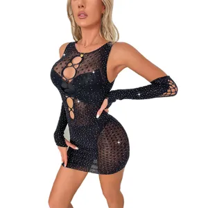Sexy black rhinestone fishnet cut-out mini dress with matching sleeves for women.