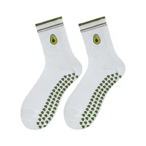 Womens Non-Slip Yoga Pilates Socks Mid-Tube Breathable Cotton Athletic Floor Socks With Cute Fruit Embroidery