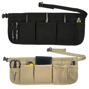 Multi-pocket utility tool waist apron with adjustable belt in black and khaki colors.
