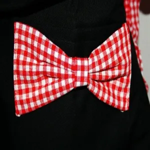 Detailed view of work apron with red and white checkered bow tie for restaurant or kitchen use.
