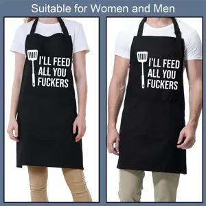 Unisex black kitchen cooking apron with funny letter quote and pocket for women and men
